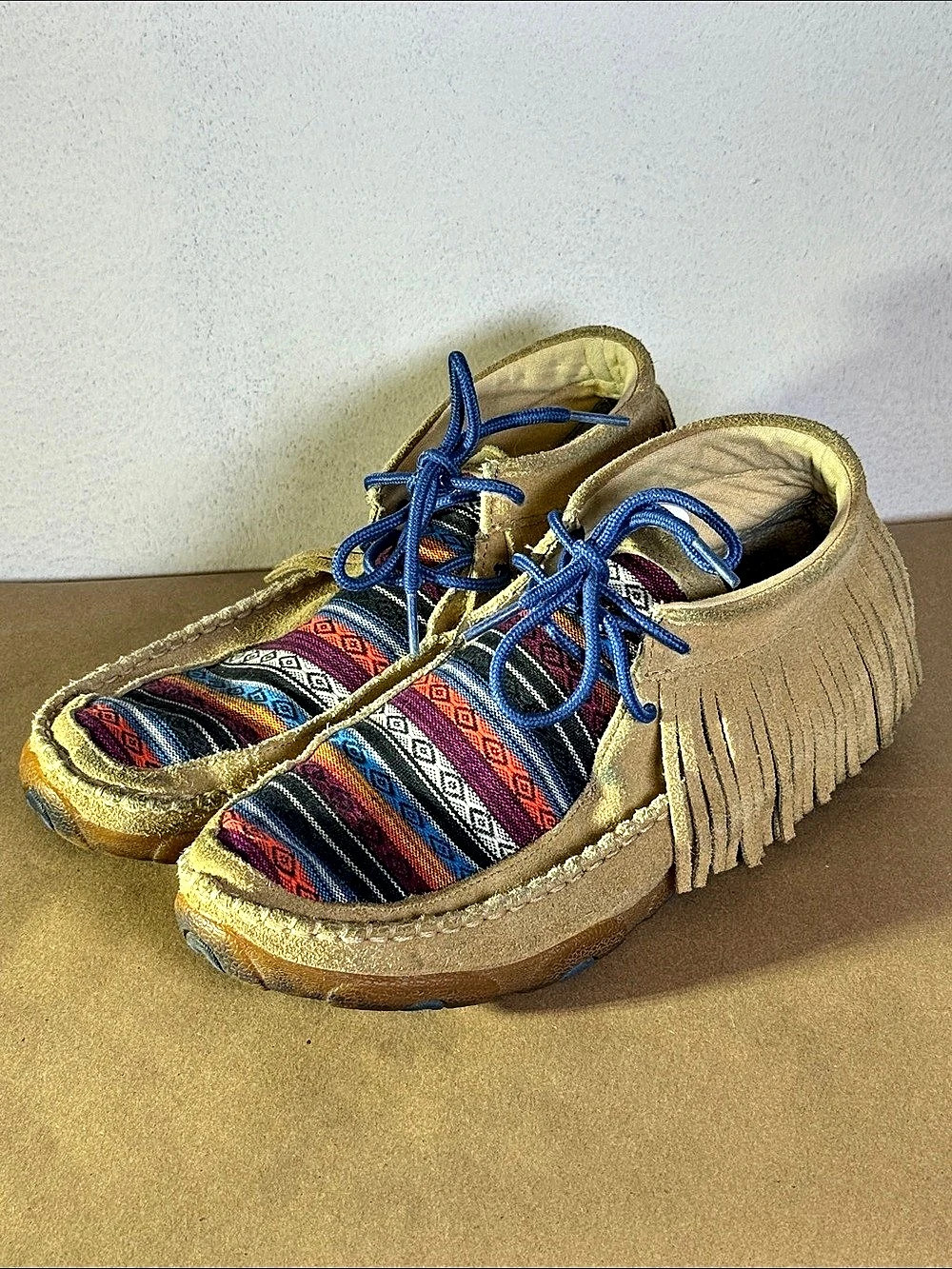 Twisted X WD M0064 Fringe Moccasin Shoes Tan & Blue US 8